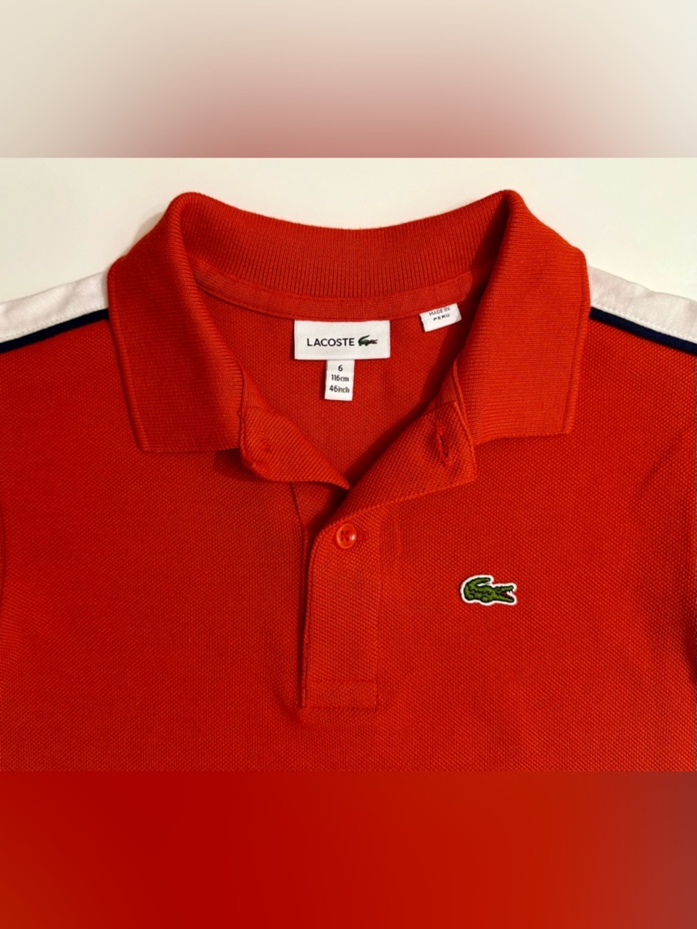 Lacoste Boys Pique Cotton Polo in Red with Shoulder Stripe Detail - 6 - Picture 3 of 5